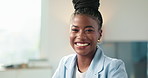 Face, business and happy black woman in office, insurance agent and claims specialist with pride. Portrait, professional and confident worker with smile, risk advisor and coverage consultant in Kenya