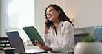 Phone call, happy and businesswoman on tablet for accounting, economy update or finance report. Consulting, smile or financial advisor talking for advice, research or investment portfolio in office
