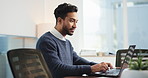 Typing, laptop and businessman in office for research on global stock market for investment trading. Technology, finance report and financial manager with computer for online proposal in workplace.