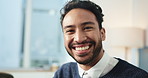 Happy, office and face of business man with smile, confidence and pride for corporate career. Professional, about us and portrait of worker for finance consulting, accounting job and ambition
