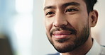 Business, man and laptop with thinking in office for article ideas, story insight or proofreading. Creative agency, writer or happy with computer for editing, blog research or reading editor feedback
