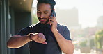 Balcony, business and man with watch, phone call and conversation with digital app. Outdoor, person and entrepreneur with smartphone, schedule and time with connection, discussion and communication