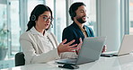 Contact us, conversation and laptop with people in call center for assistance, feedback or help. Computer, coworking and online support with employee team in agency workplace for customer service