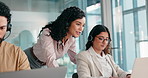 Call center, manager and people in office training on laptop for online help, contact and feedback. Professional, corporate and mentor with woman on computer for customer service and crm support