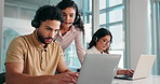 Call center, training and people in office on laptop for online consulting, contact and feedback. Professional, corporate and mentor with workers on computer for customer service and crm support