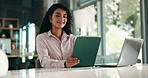 Business, thinking and woman in office, tablet and laptop with online reading, creativity and app. Person, employee and journalist in workplace, tech and research for article, news report or internet