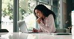 Happy, businesswoman or reading on laptop in office for account management or finance report. Research, budget or accountant with technology or news for tax compliance, investment project or auditing