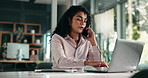 Phone call, business and woman with stress, laptop and mistake with schedule for taxes audit. Person, economy expert and financial advisor with computer, anxiety and cellphone with contact and error