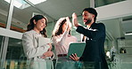 High five, group and team with tablet, celebration and excited for achievement on website or online. Happy, people and colleagues with tech for marketing strategy, collaboration and accomplishment
