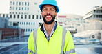 City, happy man and face of engineer for construction, building maintenance and project management. Rooftop, person and contractor in portrait for property development, inspection and quality control
