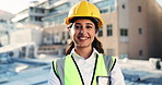 Face, woman and architect with radio for construction, building project and pride for architecture. City, female person and engineer with tech for communication, property development and arms crossed