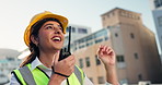 Outdoor, engineer and woman with smile, radio and communication for construction or quality control. Happy, employee and person with tech for conversation, helmet and architecture in city and project