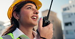 Construction site, radio and woman in city for building inspection, instructions and maintenance. Civil engineering, architect and person with communication for feedback, infrastructure or renovation
