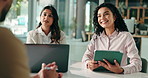 Technology, meeting and business people in job interview with candidate in office for recruitment. Tablet, laptop and HR with applicant for hiring discussion, review or feedback in workplace.