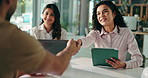 Handshake, interview and meeting with business people in office together for hiring or recruitment. Human resources, success or tablet and woman shaking hands with candidate for job opportunity