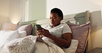 Typing, smartphone and black woman in bedroom, internet or social media with message to contact. African person, home or mobile user with cellphone, connection or texting with digital app or chatting