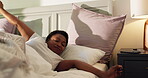 Wake up, happy and woman with stretching on bed for morning routine, start day and muscle relief. Awake, black person and hands raised in home for comfortable sleep, energy or feeling fresh from rest