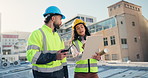 Clipboard, construction and teamwork with people in city for building, inspection and planning. Architecture, infrastructure engineer and project management with contractors for property development