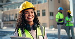 City, woman and face of architect for construction, building maintenance and project management. Rooftop, clipboard and engineer in portrait for property development, laugh or architecture inspection