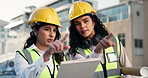 City, women and architect with clipboard for construction, inspection and talking for architecture. Outdoor, teamwork and engineer with blueprint for discussion, property development or building plan