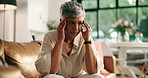 Headache, stress and mature woman on sofa in home with flu, cold or allergy symptoms in living room. Burnout, migraine and female person with discomfort for dizziness, exhaustion or vertigo in house.