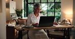 Remote work from home, laptop and woman with creativity, copywriting and deadline for news report. Mature person, brainstorming and computer with planning, answer email and proofreading for article