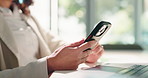 Office, employee and hands with smartphone, browsing or research for project on social media or web. Business, digital strategist and person with mobile app for ad campaign, online and plan with tech