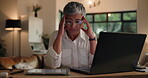 Headache, laptop and tablet with remote work woman in home for burnout, crisis or problem solving. Computer, deadline and mistake with mature freelancer in apartment for small business compliance