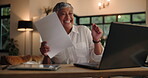 Dance, documents and laptop with senior woman in home at night for budget or finance success. Celebration, computer and paperwork with mature person in apartment for financial bonus or profit