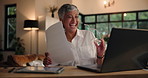 Documents, energy and laptop with senior woman in home at night for finance or investment growth. Computer, dance and paperwork with mature person in apartment for financial celebration or success
