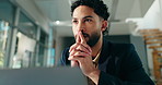 Business, thinking and man in office, laptop and contemplation with investment. Person, employee and financial advisor in workplace, decision or choice with wonder, ideas or options for profit growth