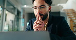 Laptop, reading and thinking with business man at desk in office for online report or research. Administration, computer and glasses with professional accountant at work for financial management