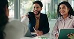 Job interview, handshake and business people in office, recruitment and agreement for contract. Candidate, human resource management or employee in workplace, shaking hands or hiring with partnership
