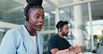 Call center, woman and coworking in office with crm, communication and online consultant. Contact us, headset and technical service help, customer support or advice for assistance hotline agency