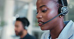Call center, woman and discussion in office with crm, communication and online consultant. Coworking, headset and technical service help, customer support or advice for assistance hotline or agency