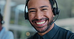 Call center, face and happy man in office for customer service, help desk or business advice. Contact us, communication and portrait of agent with headset for virtual assistance, support or coworking