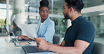 Collaboration, documents and laptop with business people in office for investment report or review. Computer, finance and paperwork with employee team at desk in workplace for portfolio management
