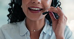 Mouth, woman and talk with mic at call centre for assistance, customer service and feedback. Smile, female agent and chat with headset for telecom, consultation services and advice with crm support
