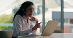 Conversation, headset and laptop for video call with woman in office for communication or discussion. Computer, pointing and virtual meeting with happy employee in workplace for online planning