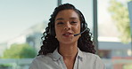 Inquiry, headset and face of woman in call center for communication, feedback or support. Virtual assistant, contact us or portrait of happy sales agent in workplace for customer service help or talk
