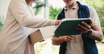 Hands, box and sign for delivery with tablet for shipping, ecommerce and distribution service. Courier, woman and digital signature with customer for order receipt, package and confirmation outdoor