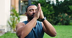 Yoga, meditation and breathing with man in garden for holistic exercise or wellness routine. Awareness, balance and inner peace with yogi person outdoor by home for fitness, mindfulness or pilates