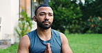 Yoga, meditation and zen with man in garden for holistic exercise or wellness routine. Awareness, balance and inner peace with yogi person outdoor by home for breathing, mindfulness or pilates