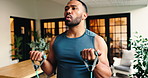 Body, resistance band or man in home for workout, arm muscle training or wellness. Fitness, mobility or healthy person with exercise equipment for biceps warm up with recovery stretching in house gym