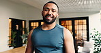 Face, home and man with fitness, watch and muscular with confidence, exercise and wellness. Portrait, happy person and athlete in lounge, track time and progress with training, pride and healthy