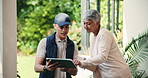 Courier, mature woman and signature with tablet at front door, app or happy for ecommerce at house. Delivery man, customer and smile for shipping service, package and rating for online shopping order