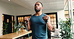 Strong, resistance band or man in home for workout, arm muscle training or wellness. Fitness, body or healthy person with exercise equipment for biceps warm up with recovery stretching in house gym
