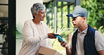 Courier, woman and pos with phone for box at front door, payment or happy for ecommerce at house. Delivery man, customer and smartphone for fintech app, package and discount for online shopping order