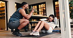 Smile, couple and sit ups for fitness outdoor for support, core strength and sports exercise. Happy, people and counting for training, abdomen workout and motivation for wellness performance at house