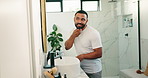 Happy man, confident or check for skincare in bathroom for face reflection, beard or grooming. Mirror, facial hair or proud male person in home to get ready with smile, hygiene and beauty inspection